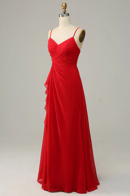 Red thin shoulder strap A-line bridesmaid dress