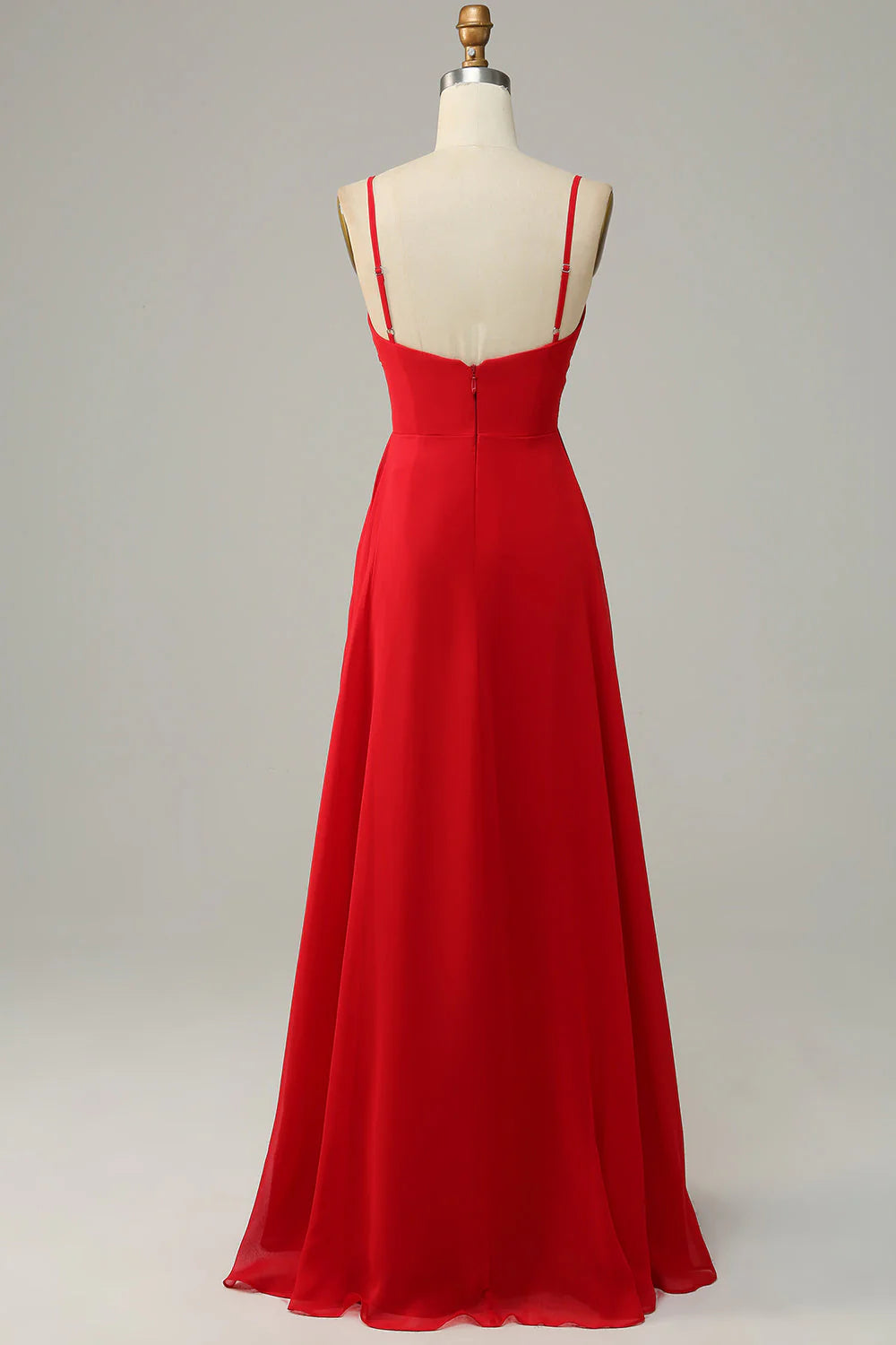 Red thin shoulder strap A-line bridesmaid dress