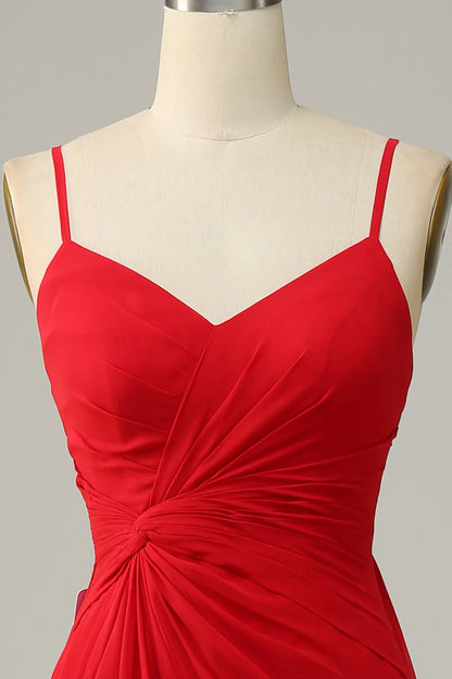 Red thin shoulder strap A-line bridesmaid dress