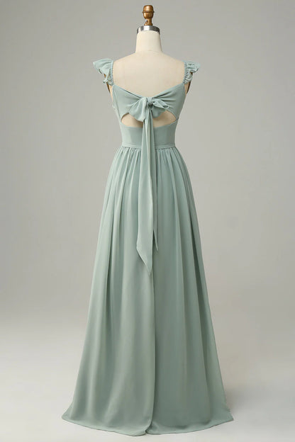 A Line Grey Sage Lotus Edge Bridesmaid Dress