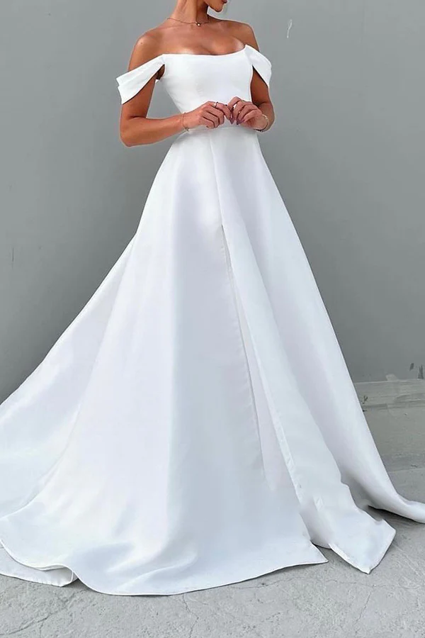 Satin A-line boat shaped off shoulder train elegant wedding dress