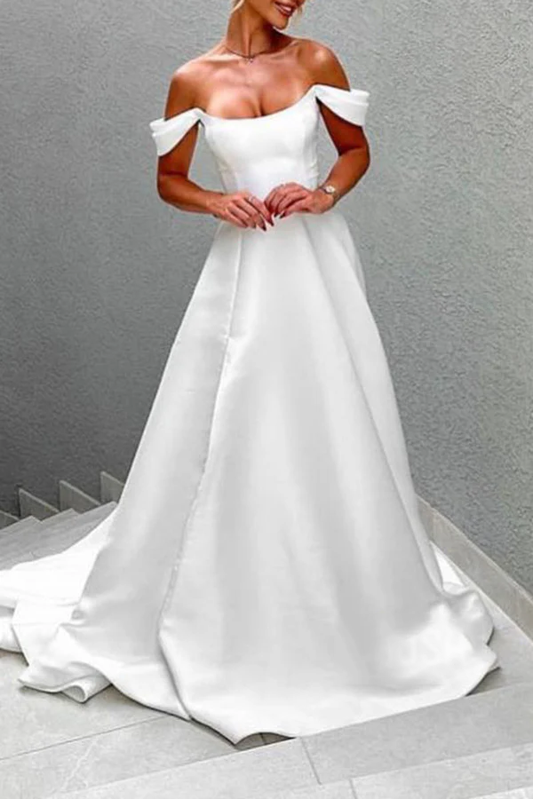 Satin A-line boat shaped off shoulder train elegant wedding dress