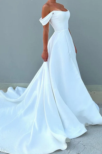 Satin A-line boat shaped off shoulder train elegant wedding dress