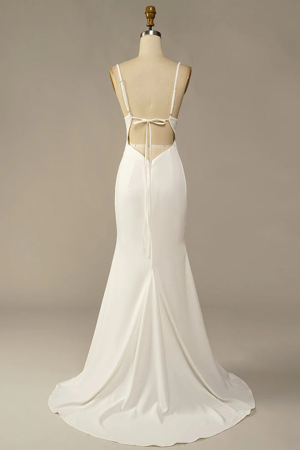 White fishtail thin shoulder strap off the shoulder long off the back and floor length wedding dress