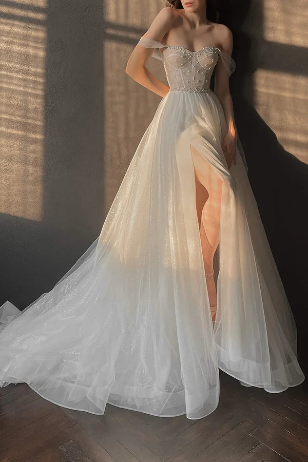 A Line Sweetheart Pearl Princess Wedding Dress