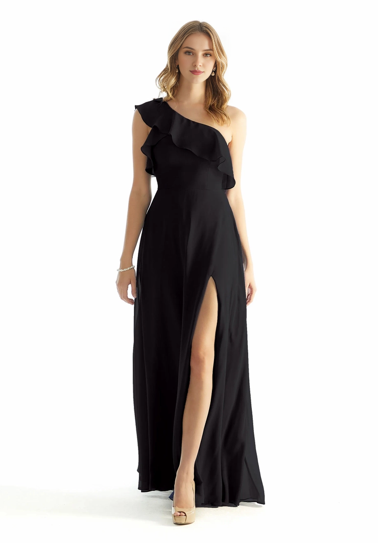 A-line single shoulder collar chiffon ruffle hem skirt with slit and floor length dress