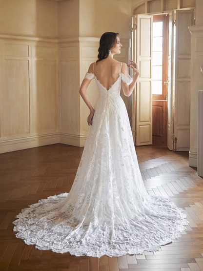 Sexy side slit off shoulder A-line backless V-neck extra long lace wedding dress