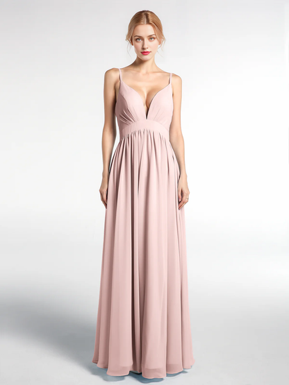 Deep V-neck high waisted chiffon long dress