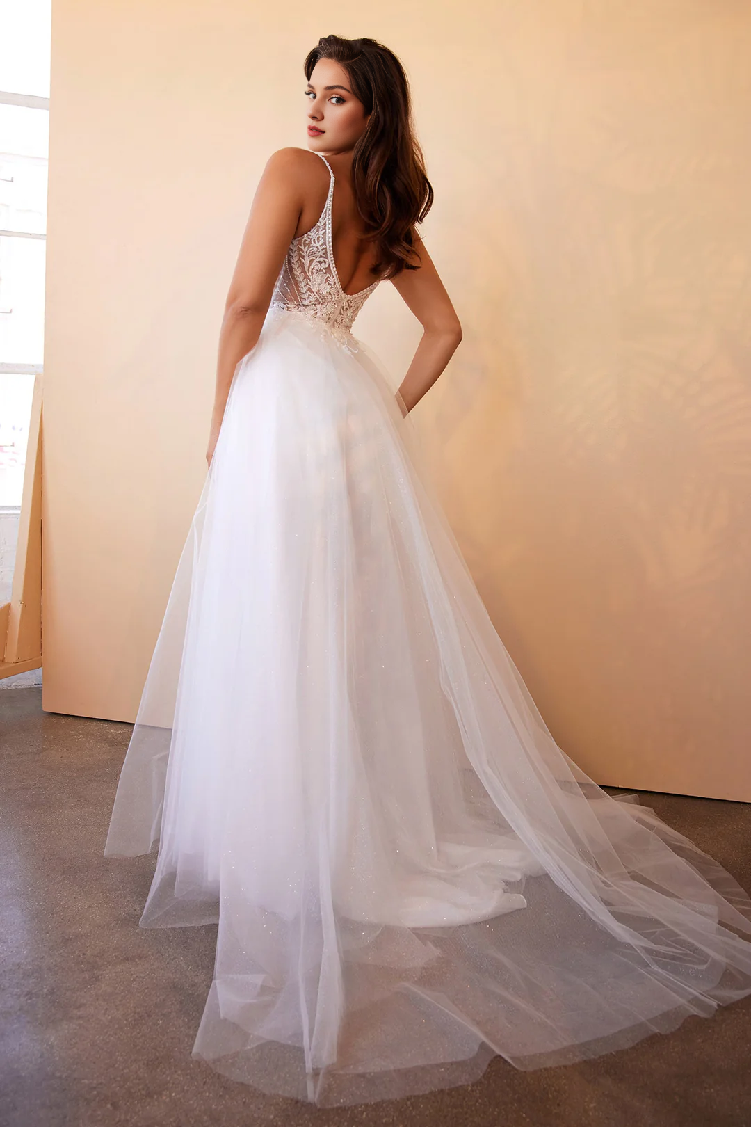 Off white long sleeveless wedding dress