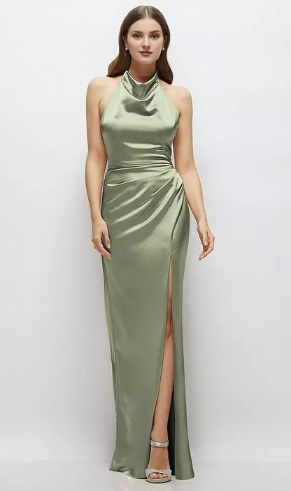 Cowl hanging neck backless satin and floor length bridesmaid dress