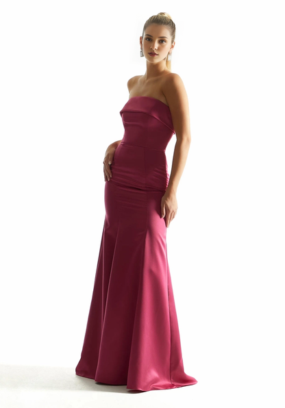 Mermaid off shoulder collar satin square back bridesmaid dress