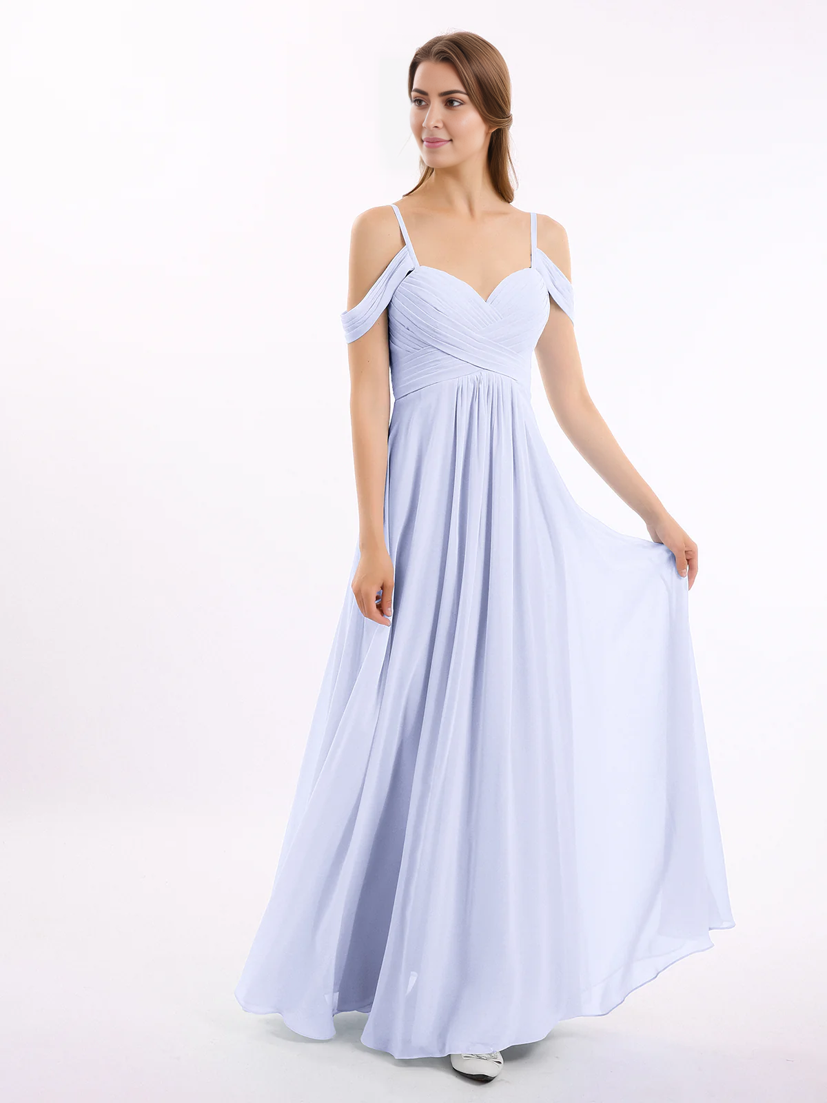 Off shoulder thin shoulder strap chiffon dress