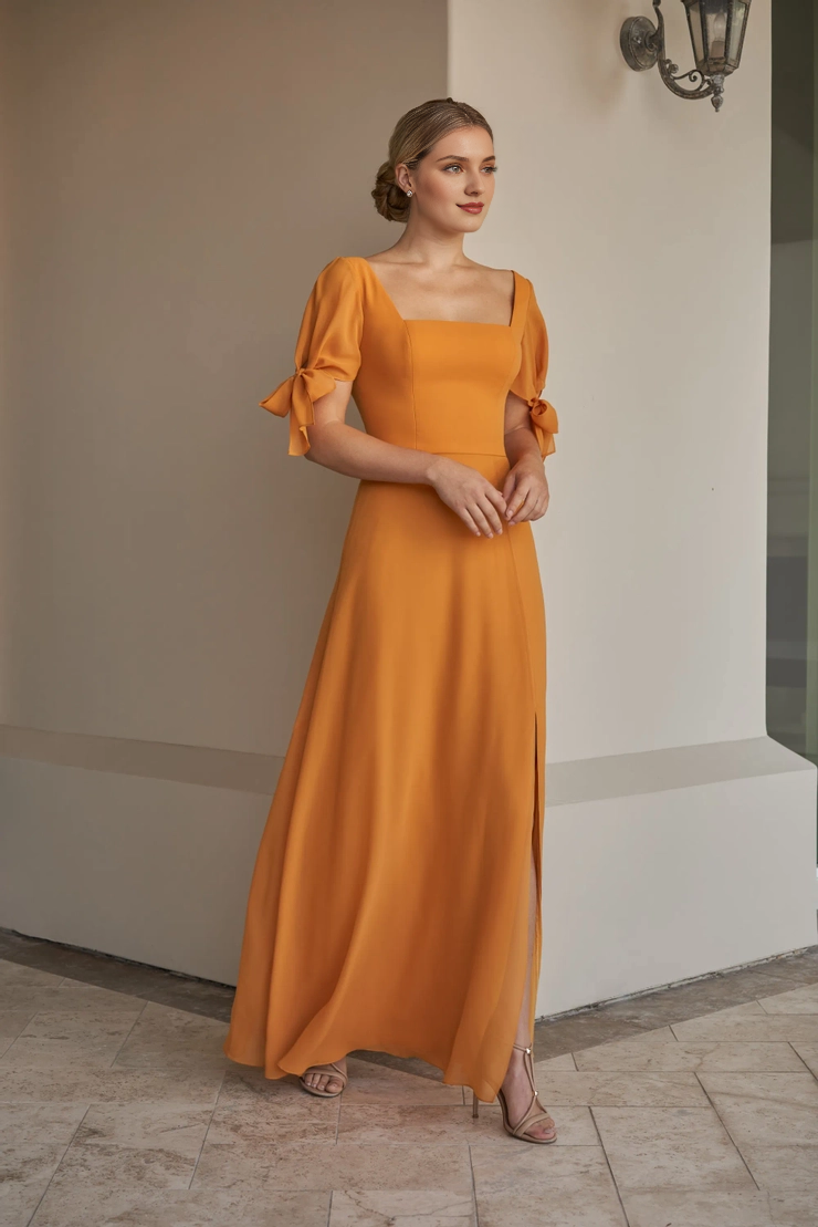 Square neckline chiffon A-line bow front slit bridesmaid dress