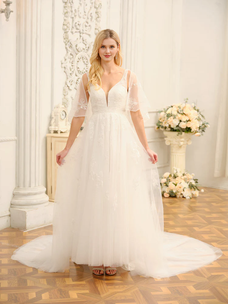 A-line Princess V-neck Half Sleeve Embroidered Long Wedding Dress