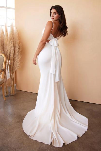 White satin slim fit long hood wedding dress