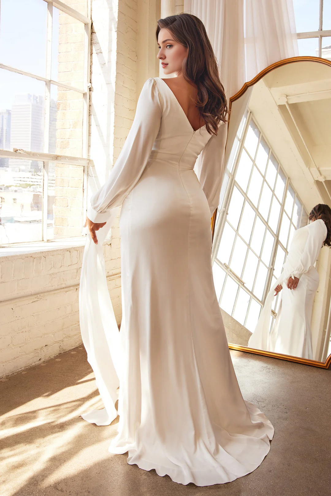 Long drawstring sleeve white satin wedding dress