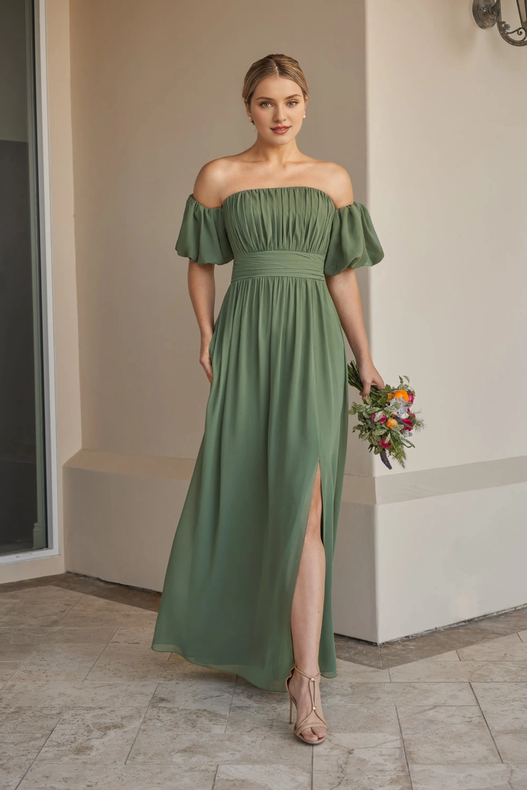 Off shoulder collar chiffon A-line detachable bubble sleeve bridesmaid dress