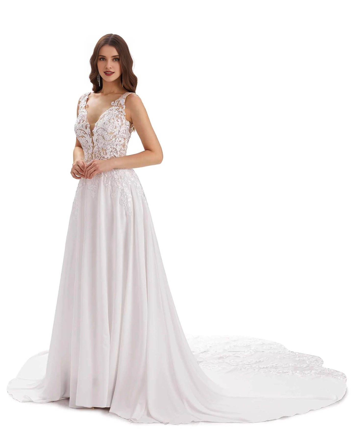 Elegant A-line V-neck ultra long lace wedding dress