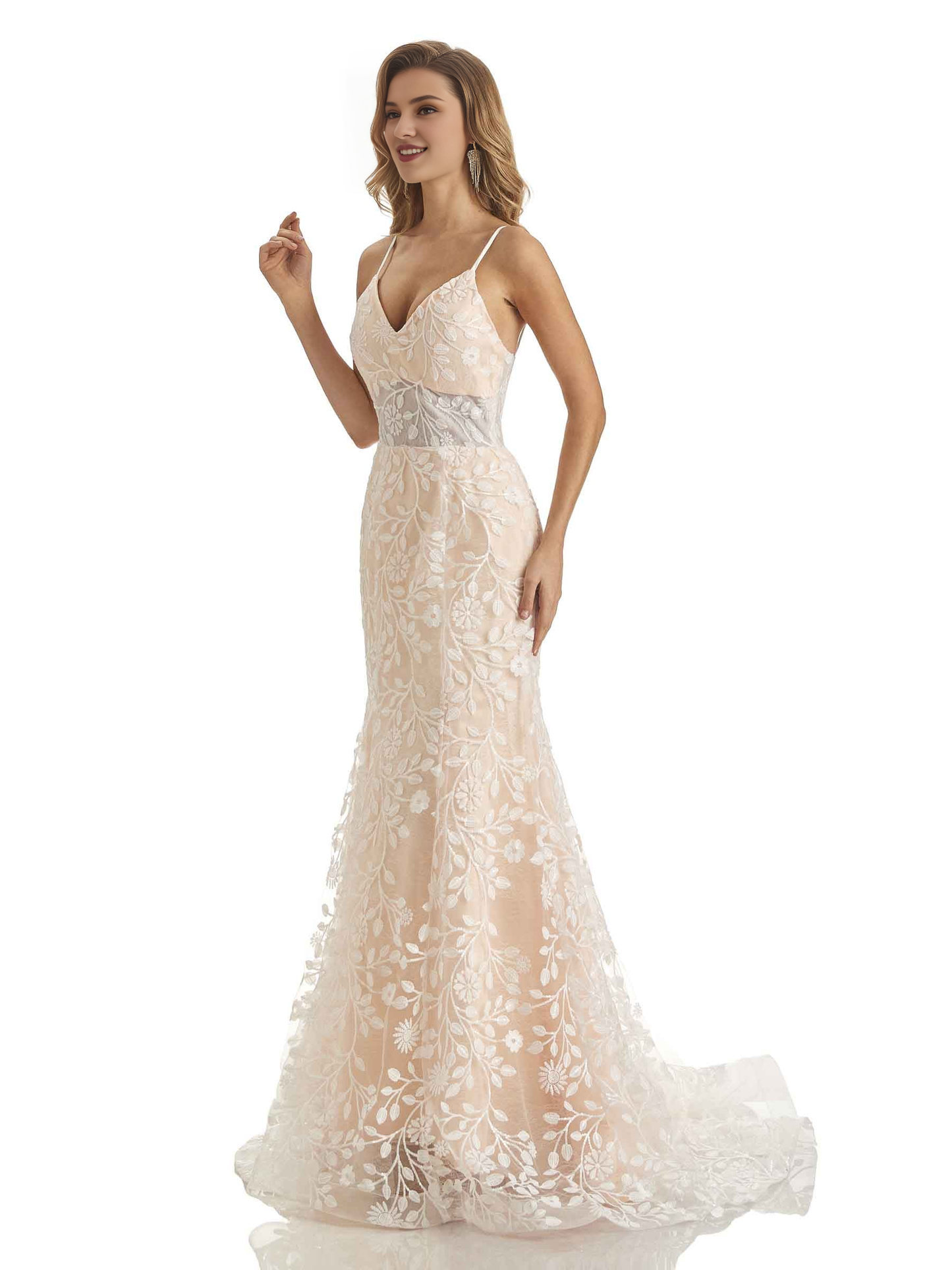 Lace fish tail decal thin shoulder strap V-neck long wedding dress