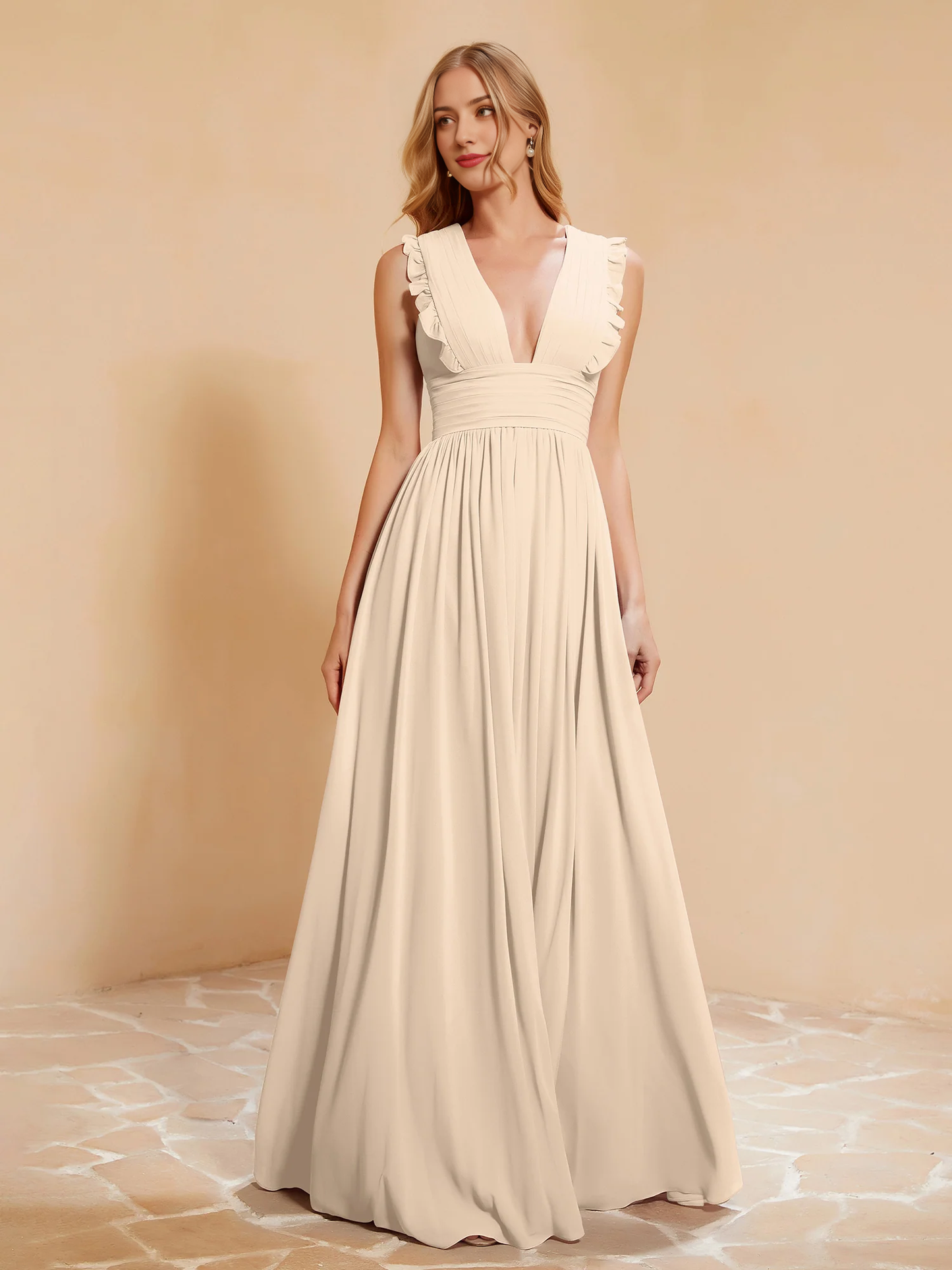 Deep V-neck ruffled pleated bridesmaid dress