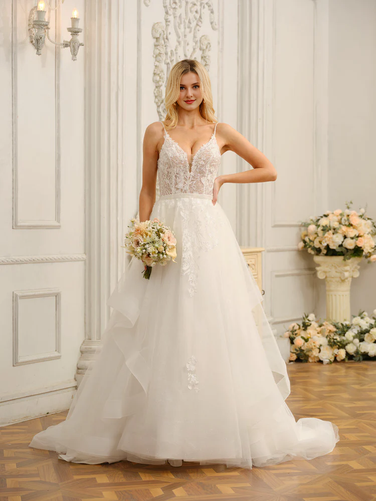 Thin shoulder strap with applique beads V-neck sleeveless long wedding dress