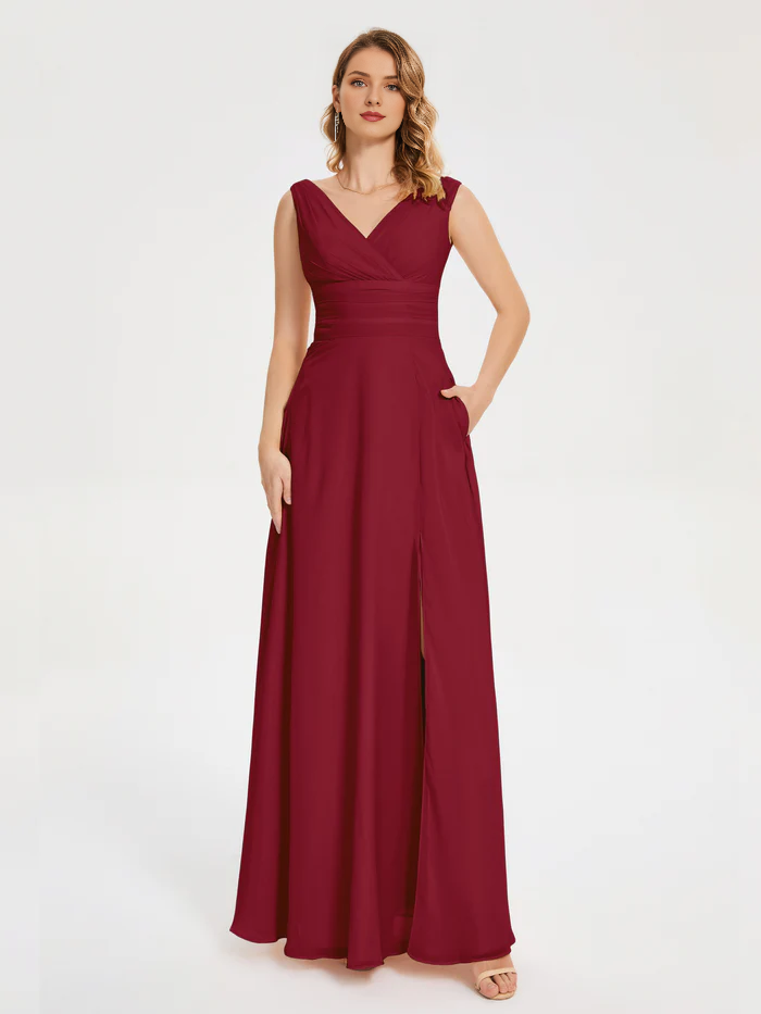 Minimally designed V-neck pocket bridesmaid dress