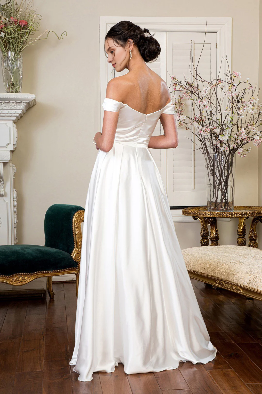 Long off shoulder satin wedding dress