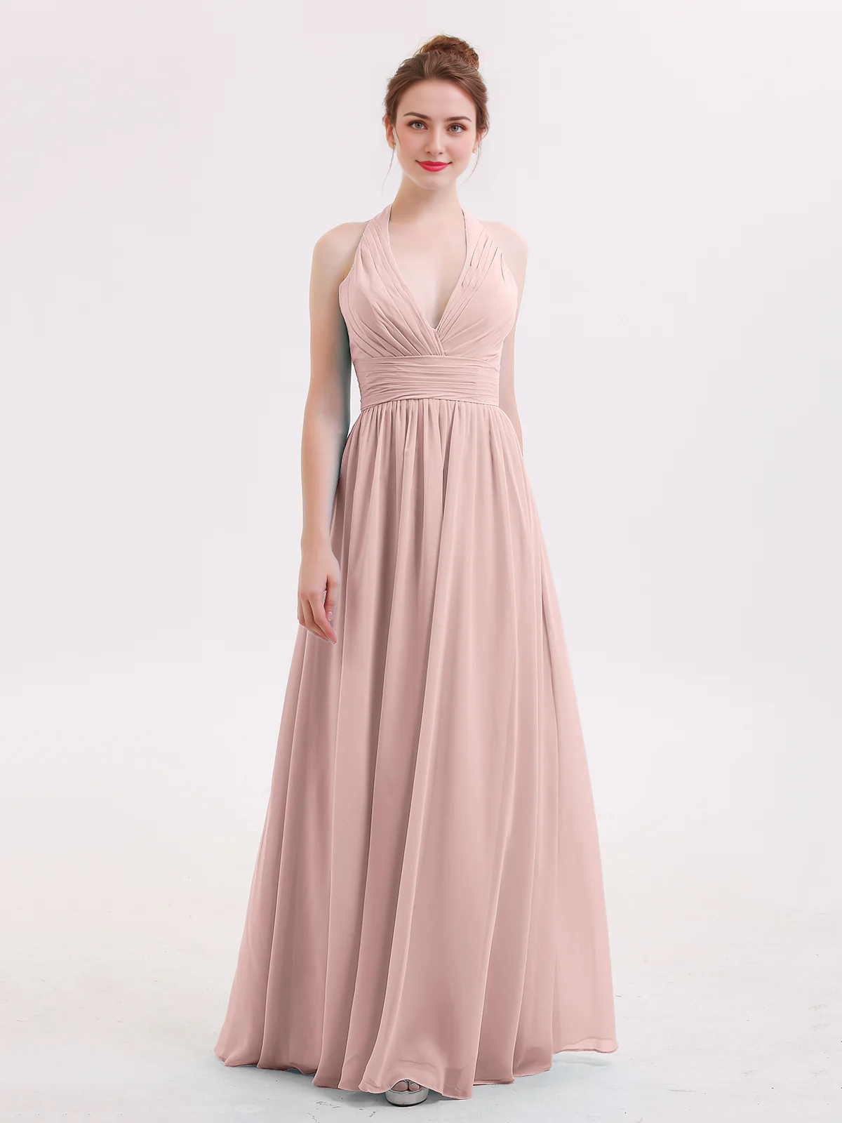 Hanging neck V-neck chiffon bridesmaid dress