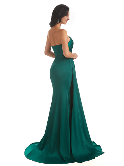 Asymmetric neckline fishtail satin side slit and floor length fishtail bridesmaid dress