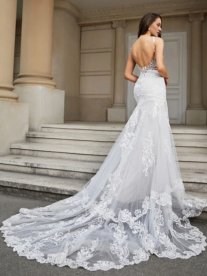 Fish tail lace church trailing wedding dress