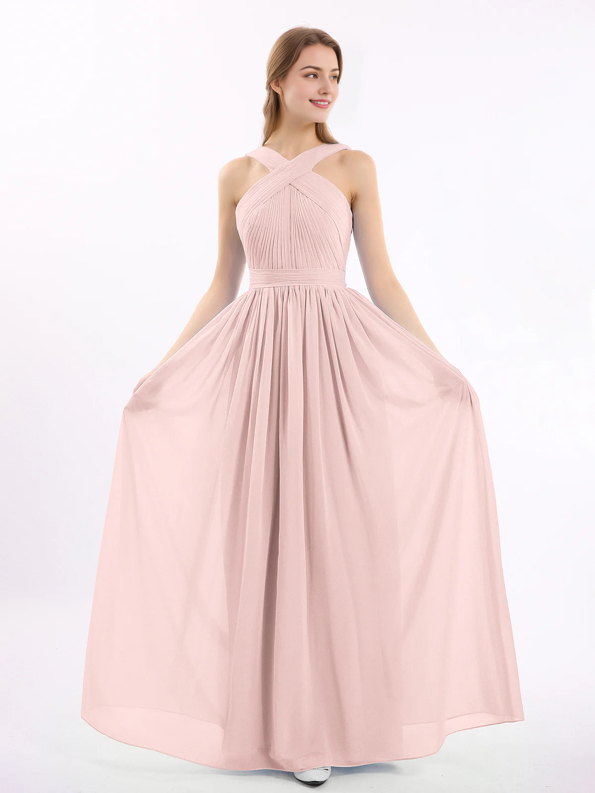 Bow front cross chiffon long dress