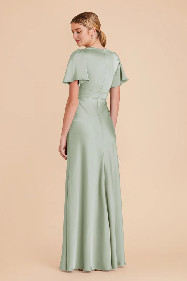 A-line V-neck cross ruffle sleeves satin slit bridesmaid dress