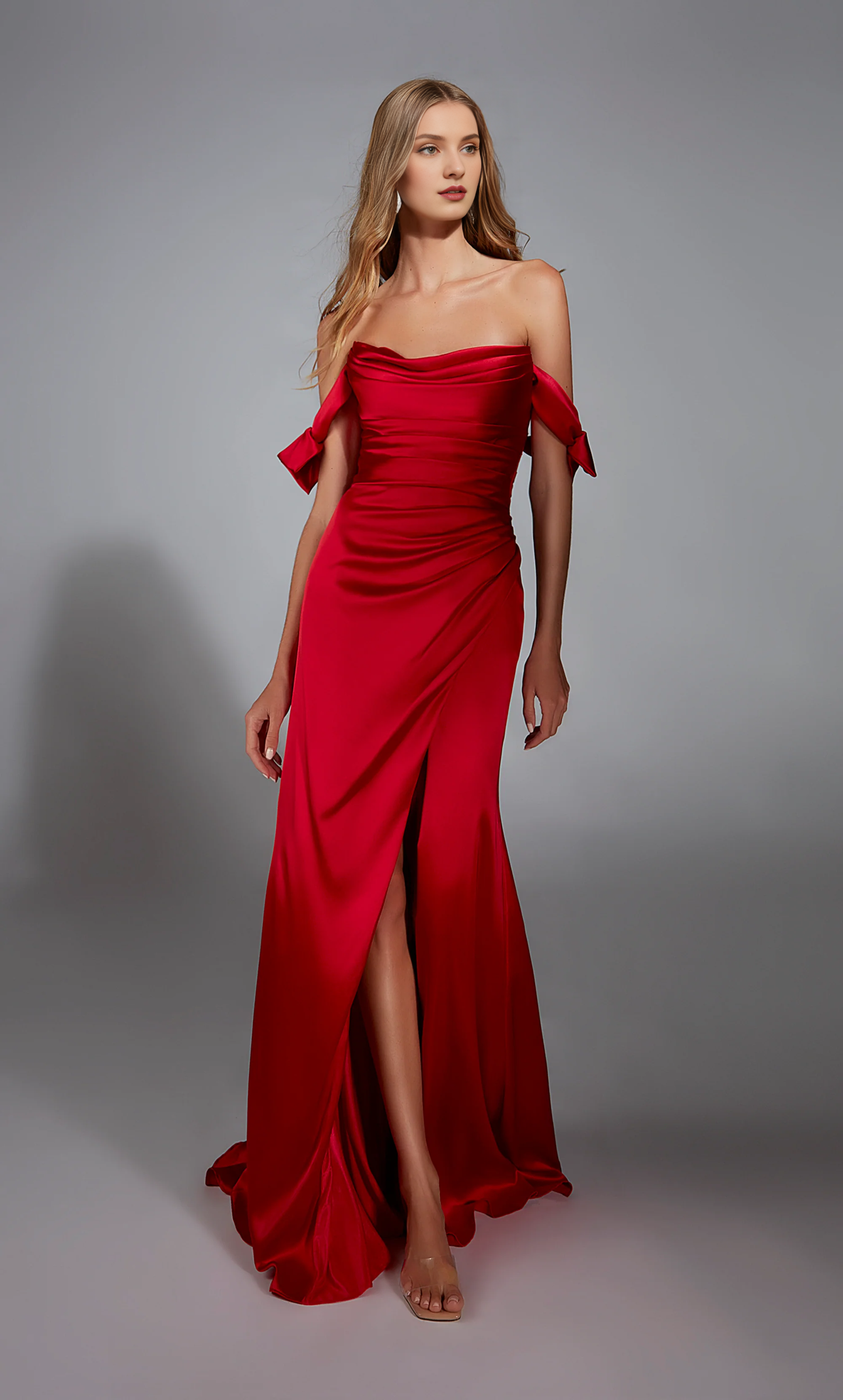 Off shoulder slim fit evening gown with flared slit and hanging long formal dress