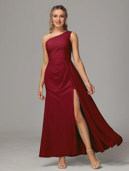 One shoulder and floor length chiffon bridesmaid dress