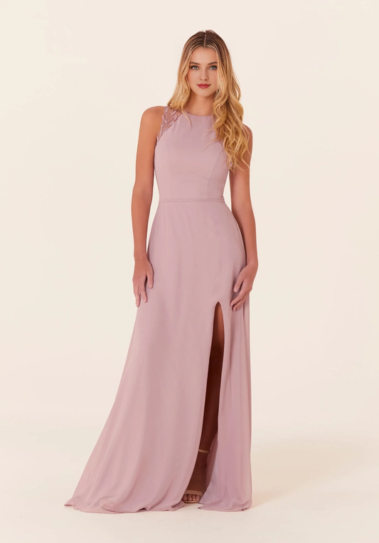 Chiffon sleeveless tight corset high neck lace up lock hole back bridesmaid dress