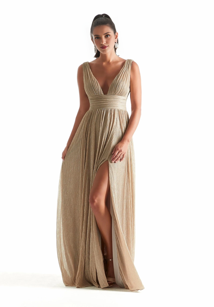 A-line V-neck slim shoulder strap pleated square back front skirt slit bridesmaid dress