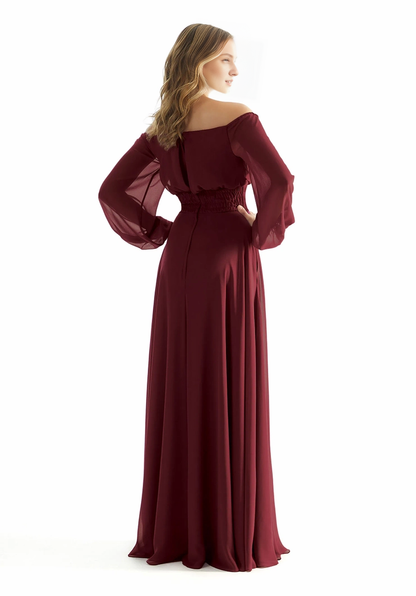 A-line off shoulder collar chiffon pleated Bohemian style bridesmaid dress