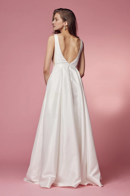 White taffeta V-neck long wedding dress