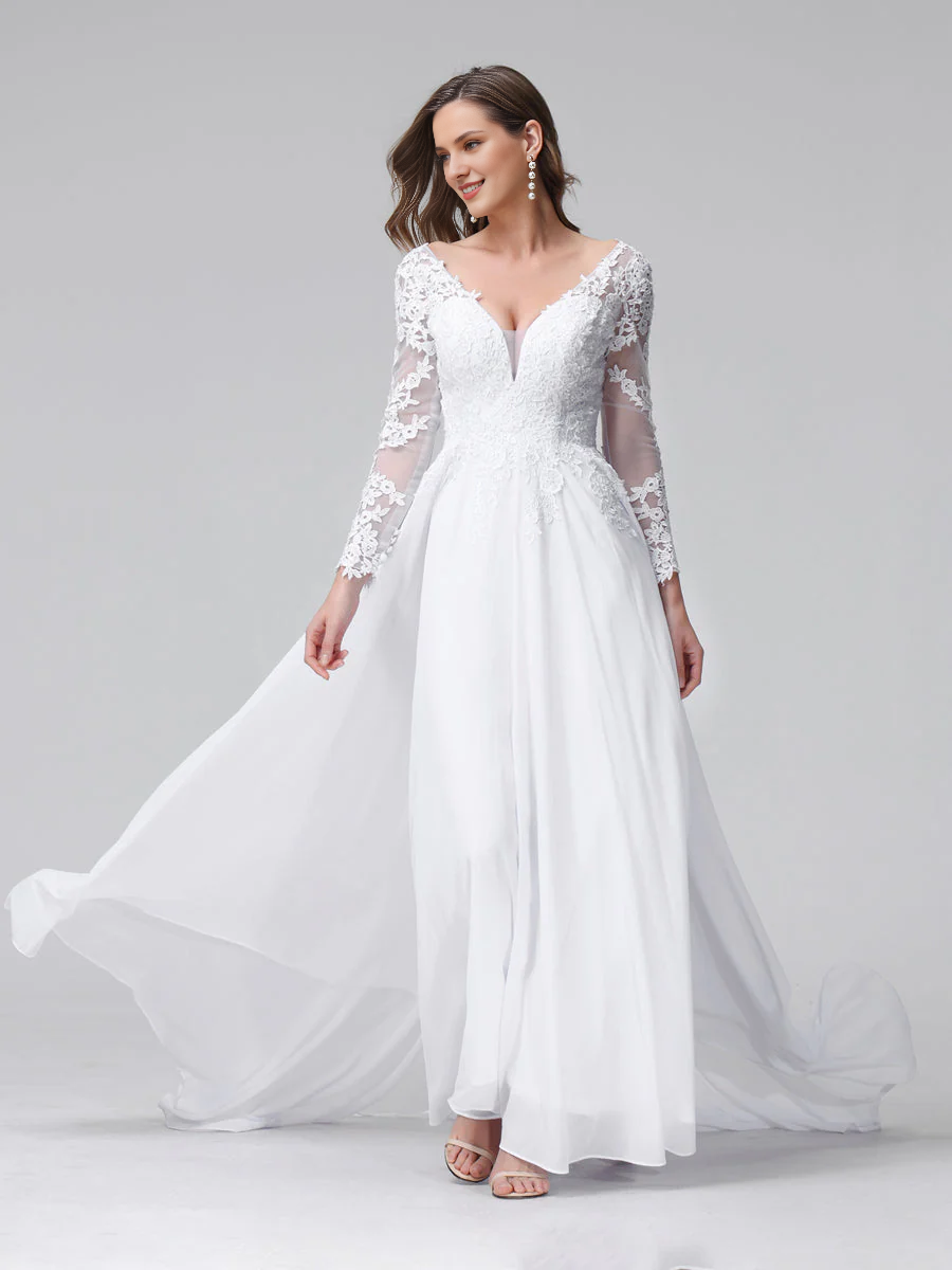 A-line V-neck long sleeved lace applique long chiffon wedding dress