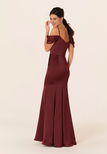 Thin shoulder strap beaded off shoulder satin pleated scarf collar bridesmaid dress