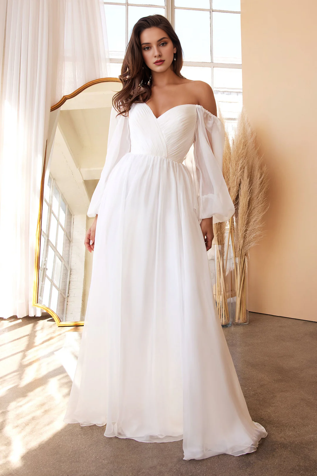 White long sleeved chiffon wedding dress