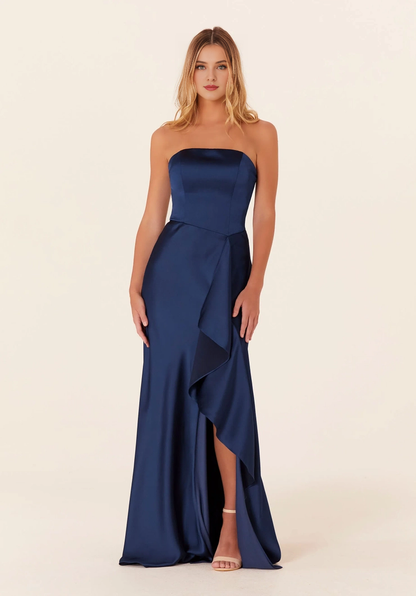 Satin straight neckline off shoulder front skirt with slit bridesmaid dress