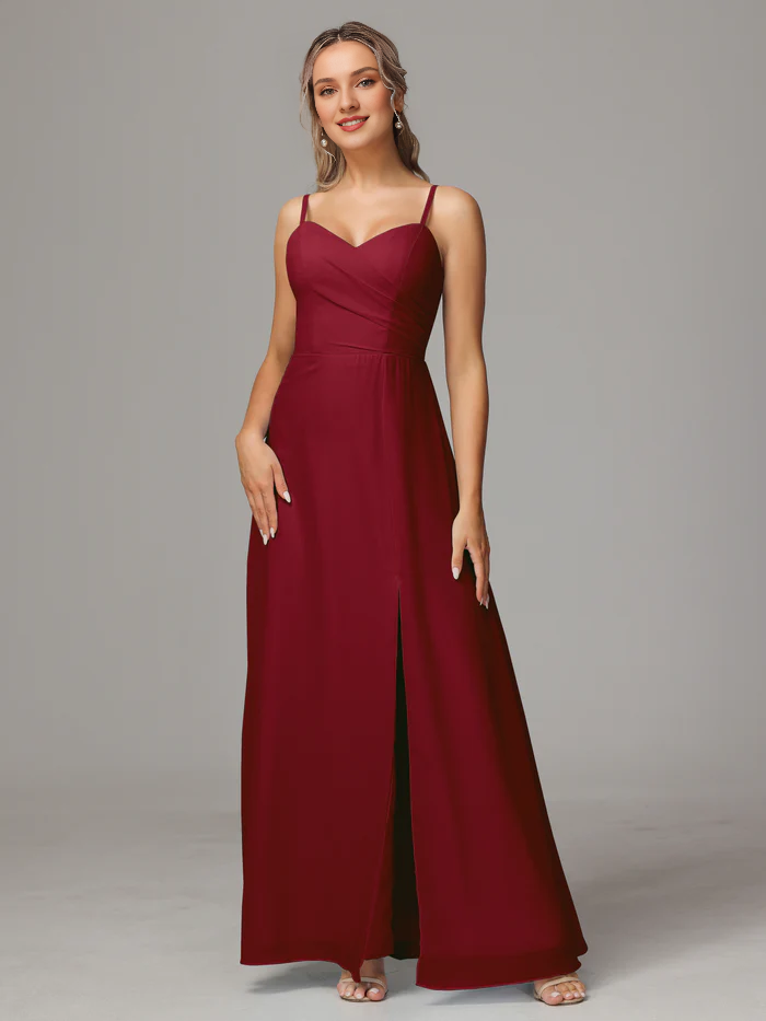 Thin shoulder strap sweetheart chiffon slit bridesmaid dress