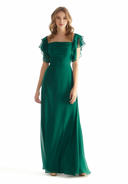 A-line square neck chiffon ruffle sleeve back zipper and floor length dress