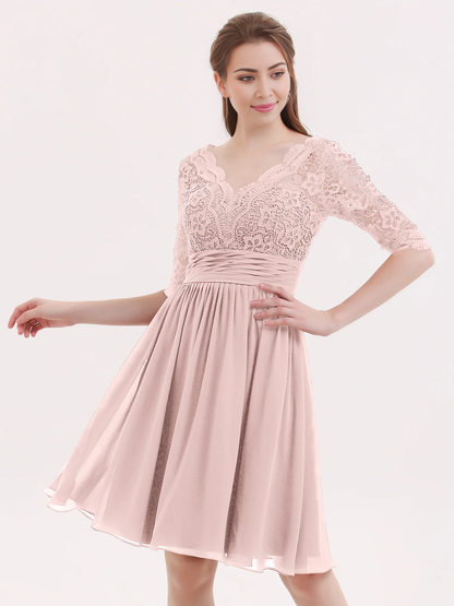 Lace chiffon five quarter sleeve short dress