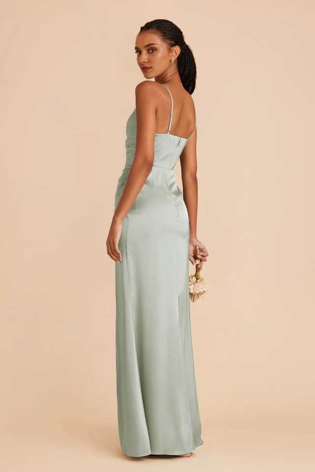 Thin shoulder strap pleated collar matte satin fish tail slit bridesmaid dress