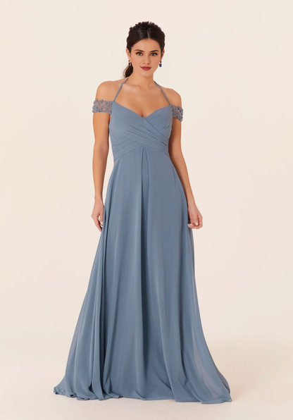 V-neck tight corset off shoulder chiffon bridesmaid dress