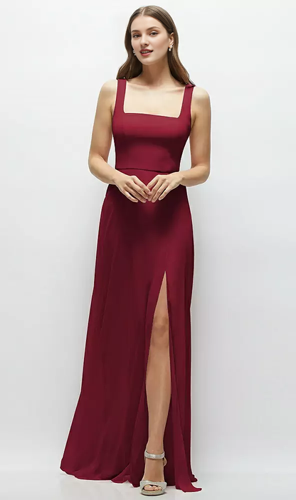 Round skirt square neck chiffon extra long bridesmaid dress