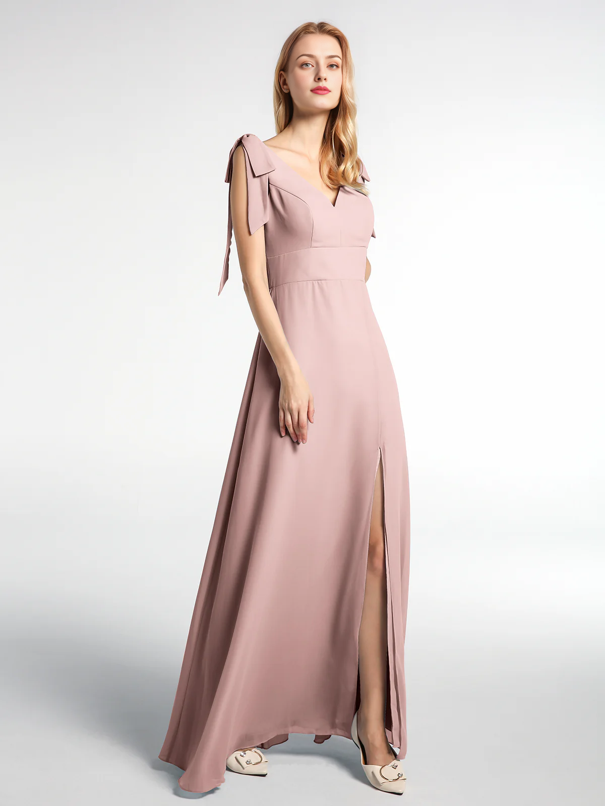 Bow flat ribbon chiffon front slit long skirt