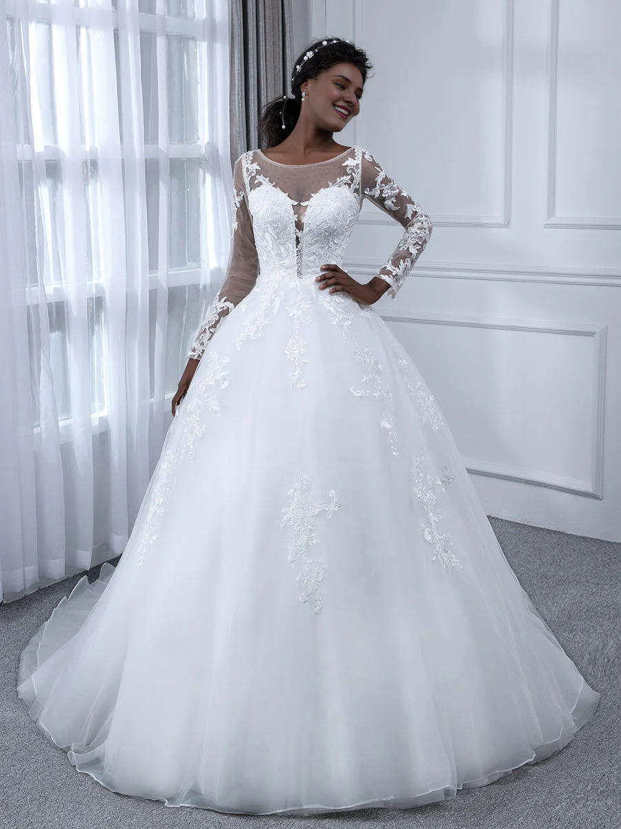 Long sleeved and applique transparent collar chiffon ball gown wedding dress